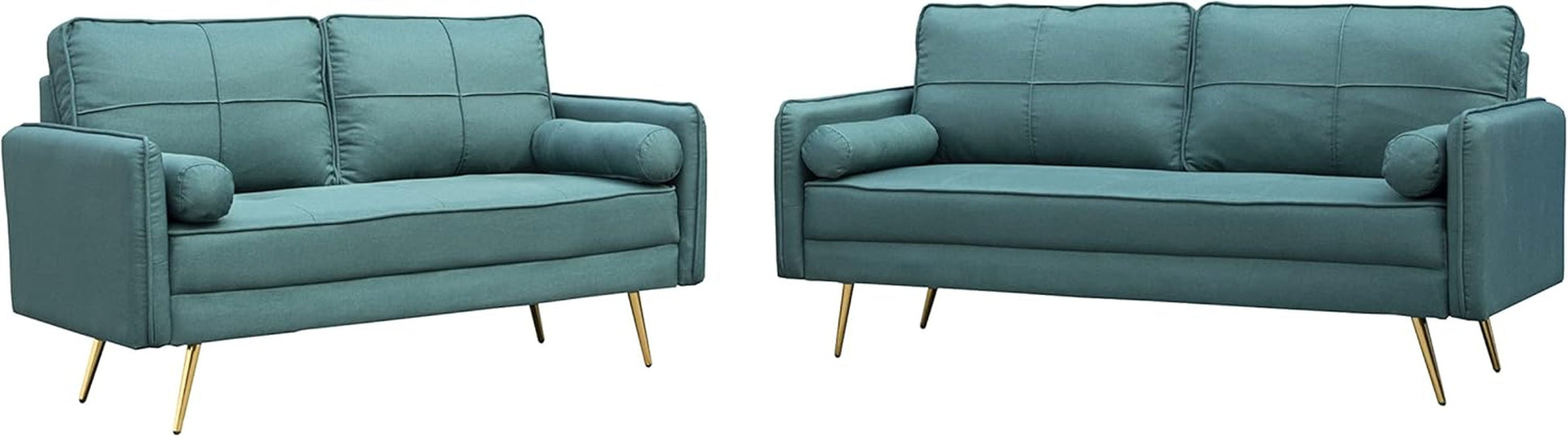 Modern 2 Piece Sofa Set Velvet Loveseat & Sofa Set with Bolsters & Metal Legs for Living Room - Green-0
