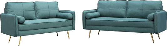 Modern 2 Piece Sofa Set Velvet Loveseat & Sofa Set with Bolsters & Metal Legs for Living Room - Green-0