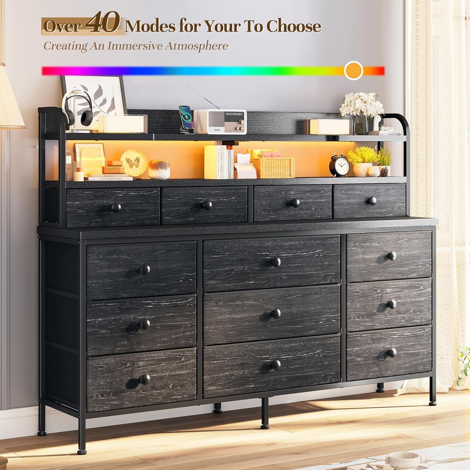 51.2" W Black Dresser with 13 Drawers and LED Lights, Black Dresser for Bedroom with Fabric Drawer, Long Dressers & Chests of Drawers, Dresser for Bedroom with Shelves for Closet-2