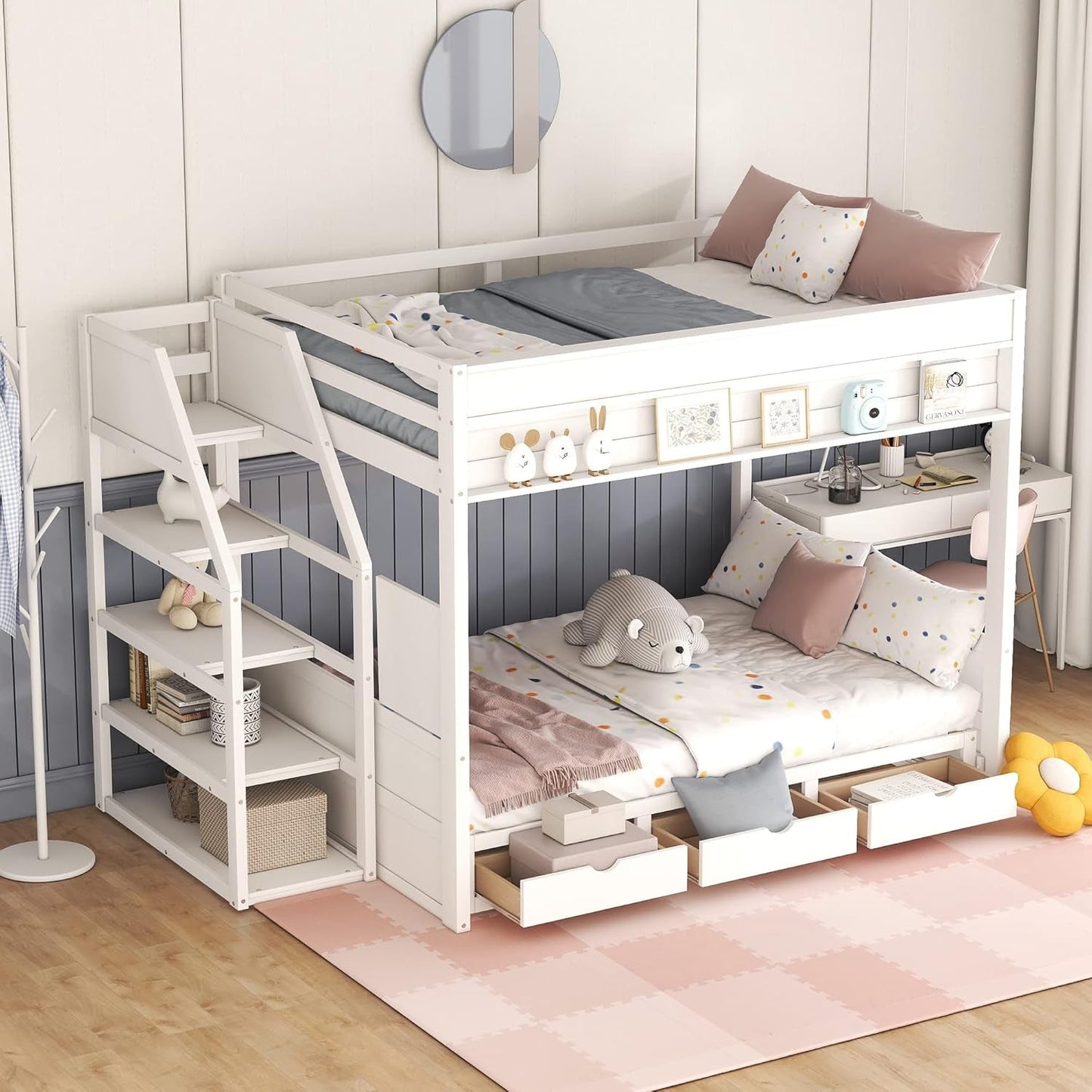 Full over Full/Futon Bunk Beds with Stairs and 3 Drawers, Built-In Shelf, Bottom Bed Can Be Converted into Daybed, Solid Wood Bunk Bed Frame (White)-3