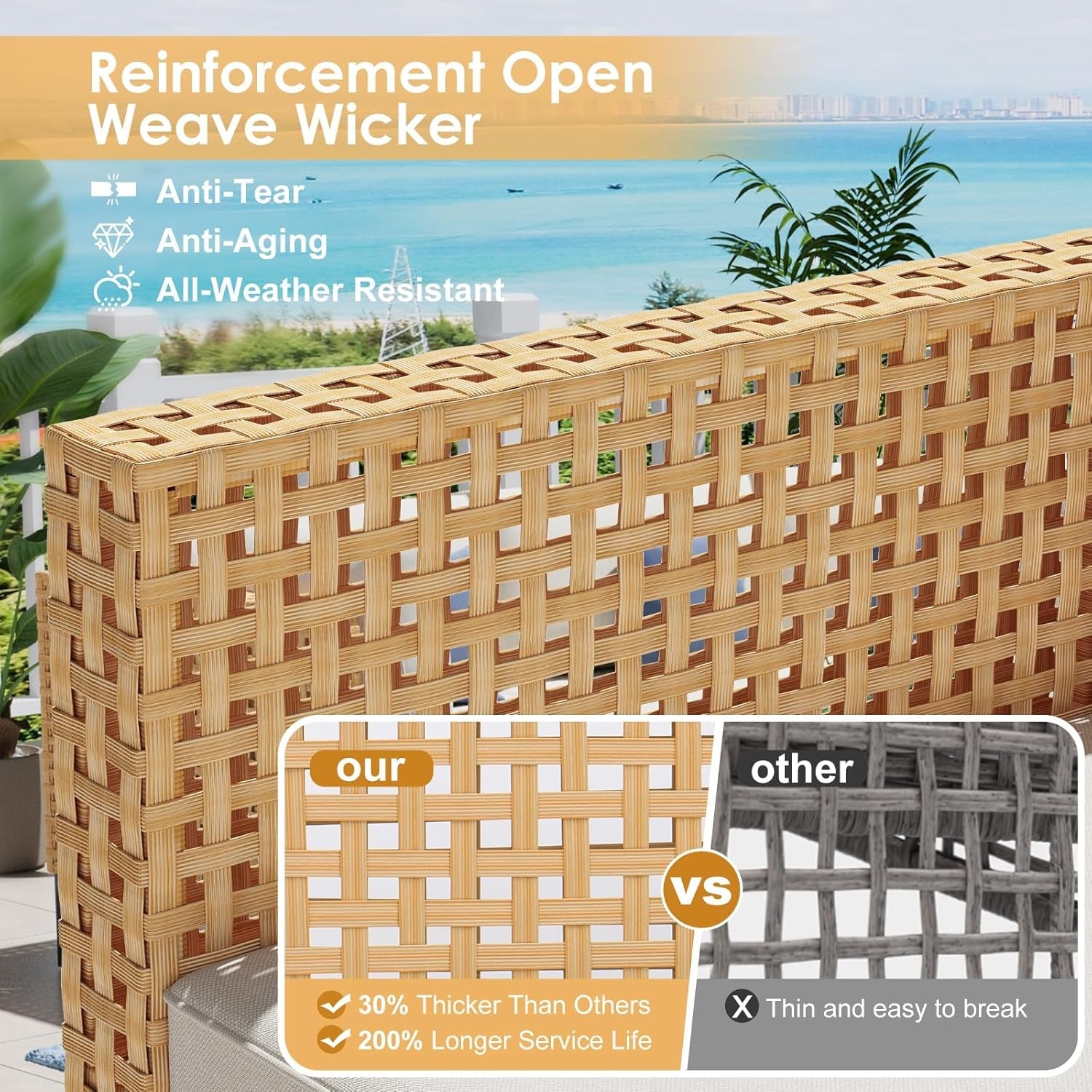 Paito Furniture Set, 110" Large 7-Piece Wicker Outdoor Paito Furniture Sets with Coffee Table,Boho Patio Conversation Set Sectional Sofa with All-Weather Cushions for Backyard,Porch,Beige-3