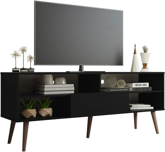 Modern TV Stand with 1 Door and 4 Shelves with Cable Management for 55, 65 Inch Media Storage Media Console Living Room and Bedroom Entertainment Center Wooden Television Cabinet - Black-0