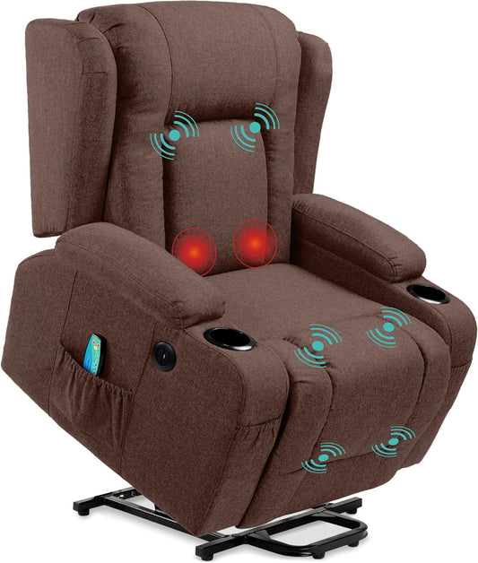 Modern Linen Electric Power Lift Chair, Recliner Massage Chair, Adjustable Furniture for Back, Legs W/ 3 Positions, USB Port, Heat, Cupholders, Easy-To-Reach Button - Brown-0