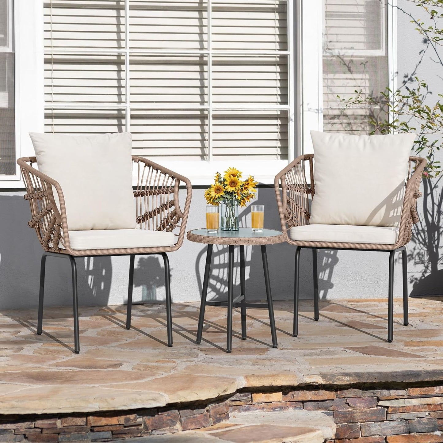 3 Pieces Outdoor Wicker Patio Conversation Bistro Set, All-Weather Patio Furniture Set with Table & Cushions, Outdoor Sectional Sofa for Patio, Balcony, Backyard, Deck, Beige-1
