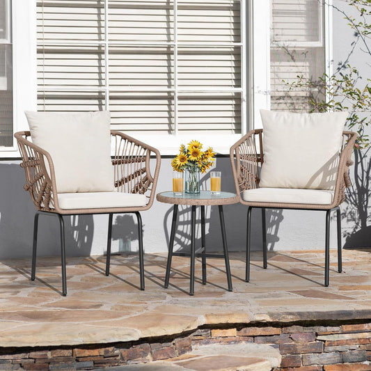 3 Pieces Outdoor Wicker Patio Conversation Bistro Set, All-Weather Patio Furniture Set with Table & Cushions, Outdoor Sectional Sofa for Patio, Balcony, Backyard, Deck, Beige-1