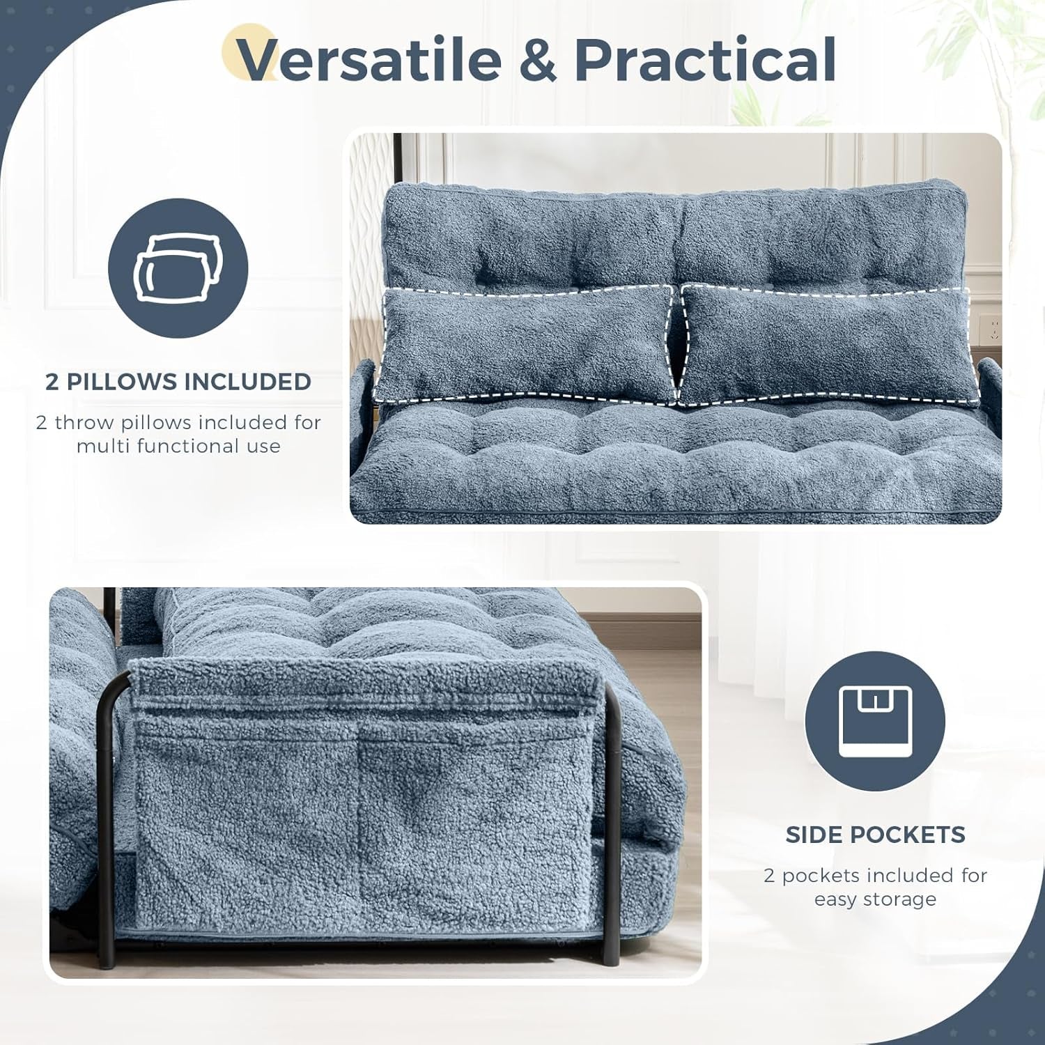 Adjustable Floor Sofa Couch with 2 Pillows, 5-Position Boucle Bean Bag Bed, Convertible Lazy Sofa Sleeper Bed with Armrest, Versatile Floor Seating Sofa for Living Room, Dusty Blue, Double-4