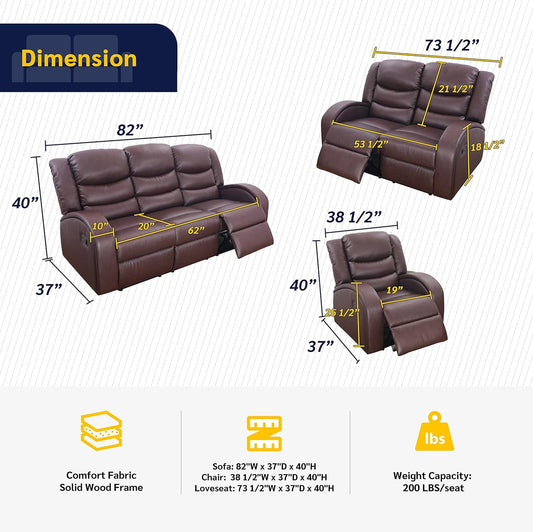 Grayson 3 Piece Living Room Recliner Set Include Love Seat, Sofa and Chair, Brown-1
