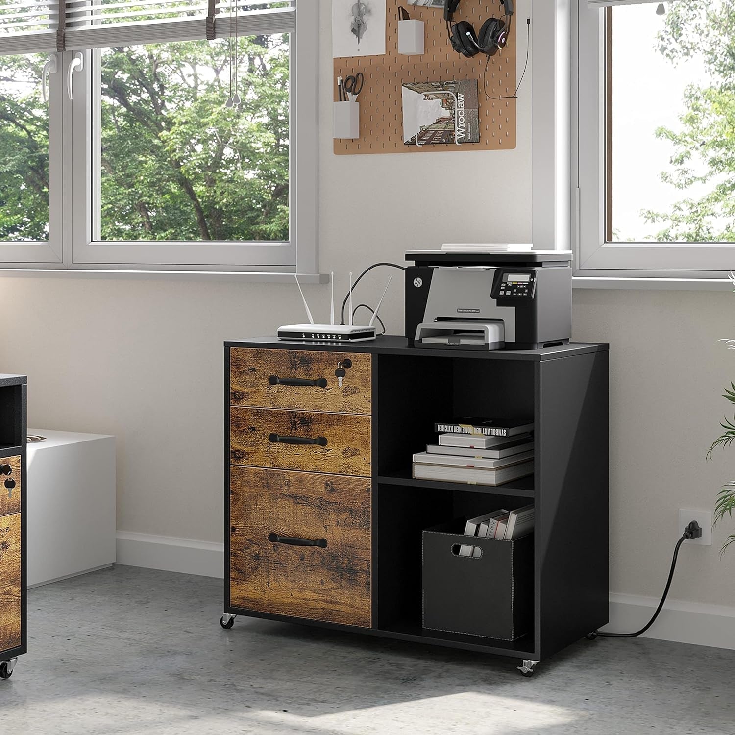 File Cabinet, 3 Drawer Mobile Lateral Filing Cabinet, Printer Stand with Open Storage Shelf under Desk Storage for Home Office, Black/Rustic Brown-1