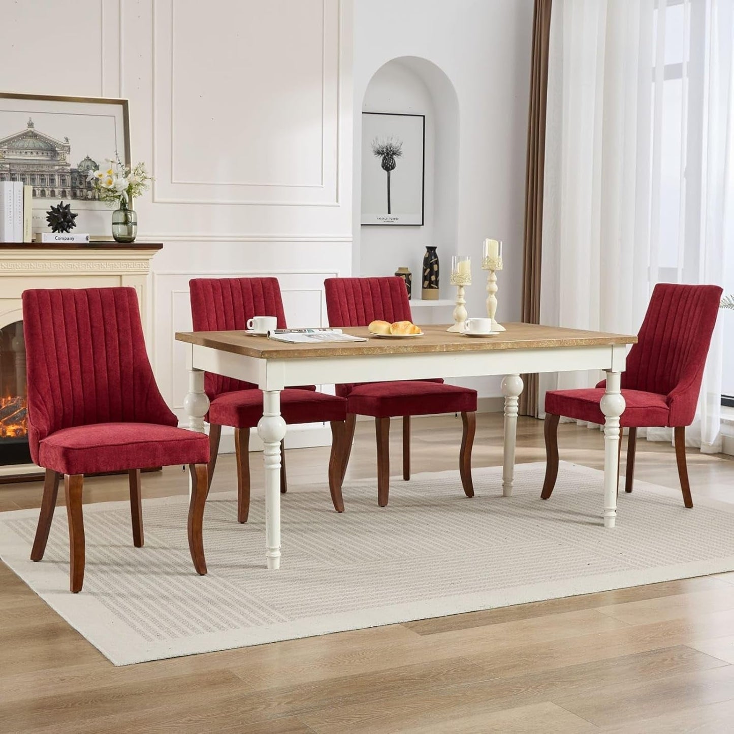 Velvet Dining Chairs Set of 4,Comfy Fabric Upholstered Accent Chairs for Kitchen Living Room,Channel Tufted Dining Room Chairs with Curved Solid Wood Legs(Wine Red)-3