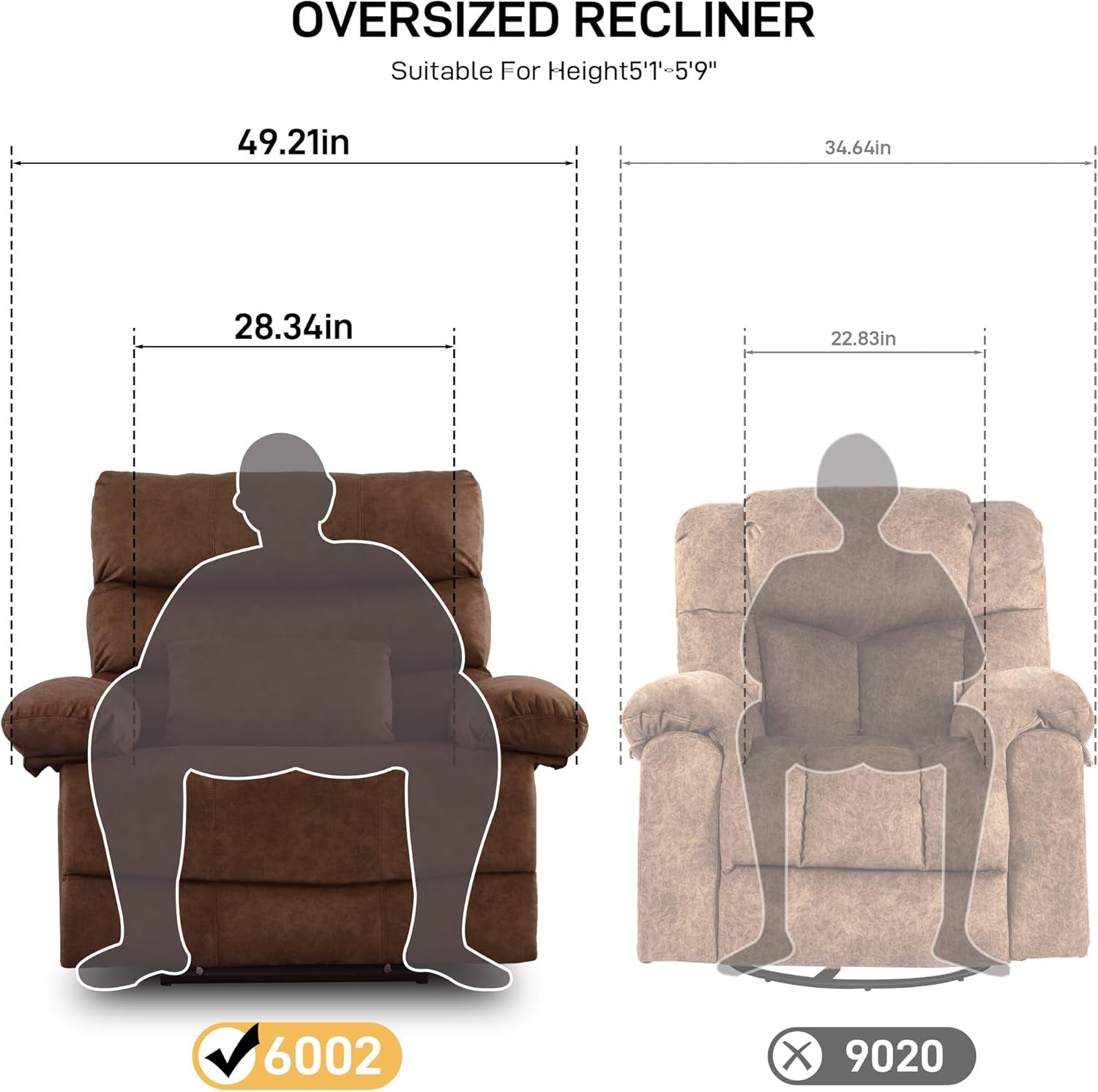 Oversized Recliner Chair, plus Size 28 Inch Large Wide Seat Manual Flannel Recliner with Pockets, Massage Heated Pillow 350 Lb Capacity for Living Room Adults-2