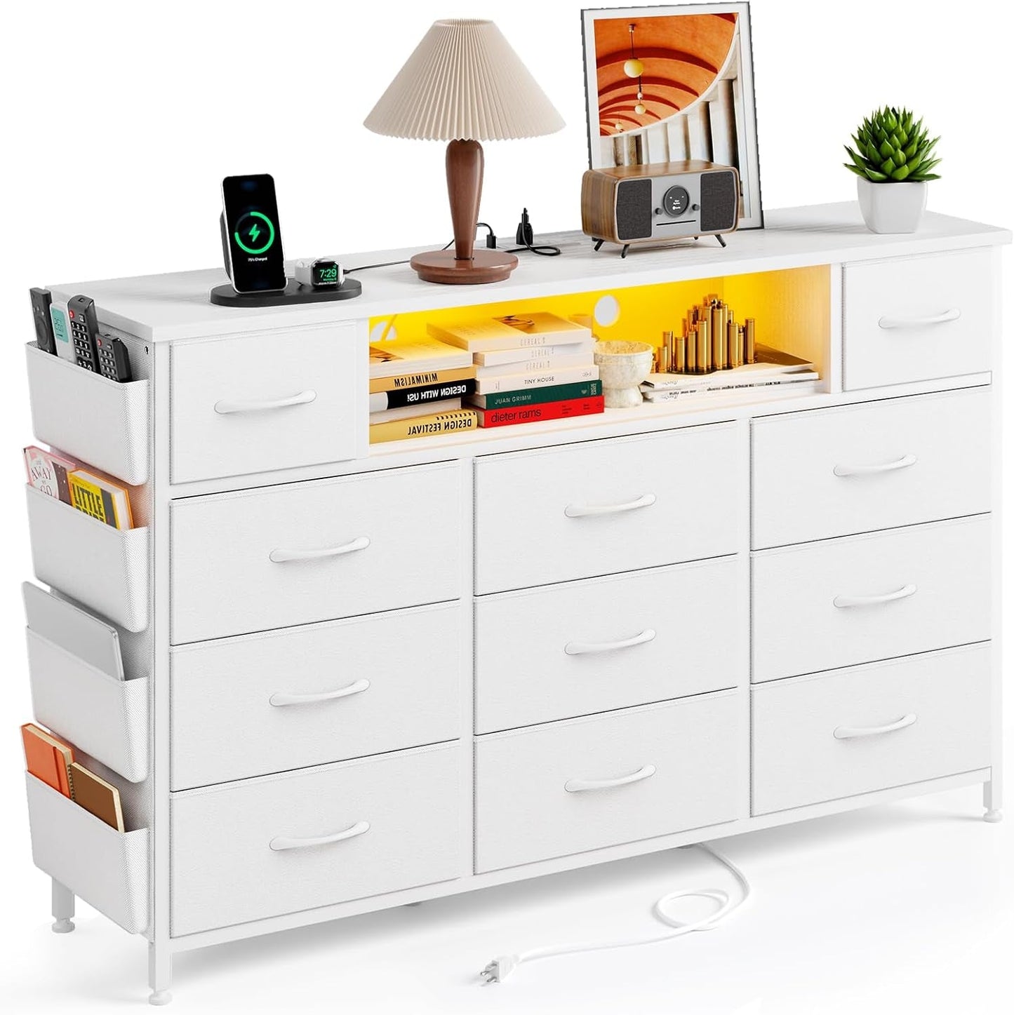 White Dresser for Bedroom with Power Outlets and LED Lights 11 Drawers Dresser with Side Pocket for Kids Bedroom, Fabric Chest of Drawers, for 60Inch TV Long Dresser Storage Organizer-0