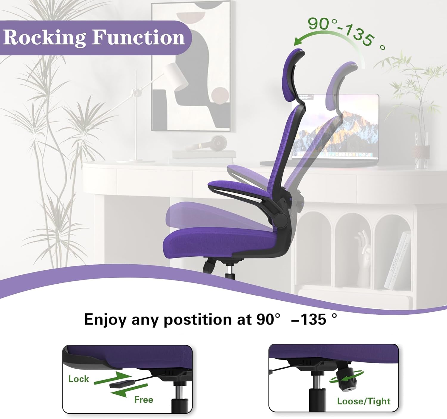 Ergonomic Mesh Office Chair, High Back Computer Desk Chair with Adjustable Lumbar Support & Headrest, Swivel Task Chair with Flip-Up Armrests for Home & Office (English, Purple)-2