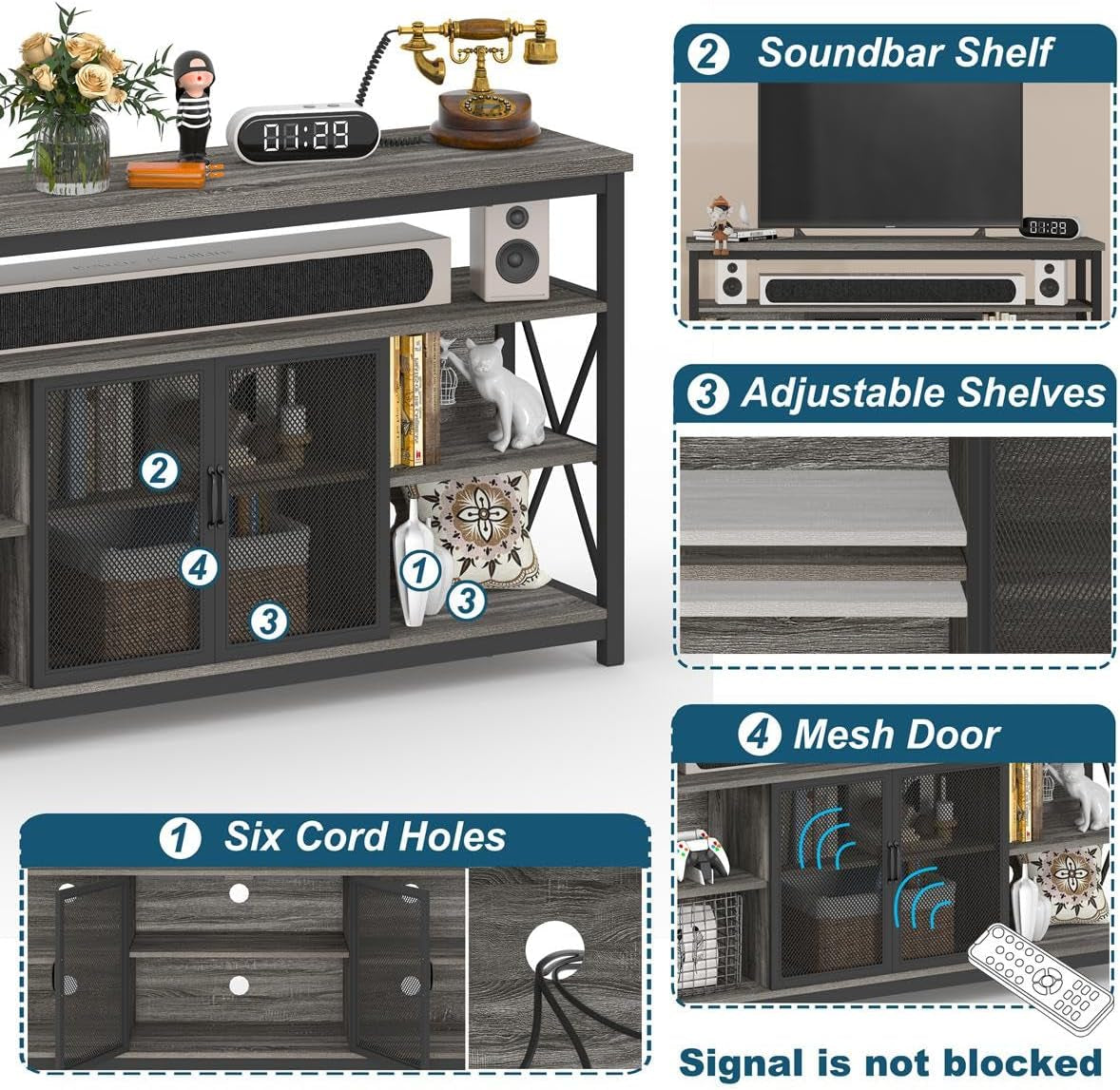 Tall TV Stand for Tvs up to 65 Inch, Industrial Entertainment Center with Storage Cabinet, Rustic Wood Media Console Table for Living Room and Bedroom (32 Inch High, Grey Oak)-3