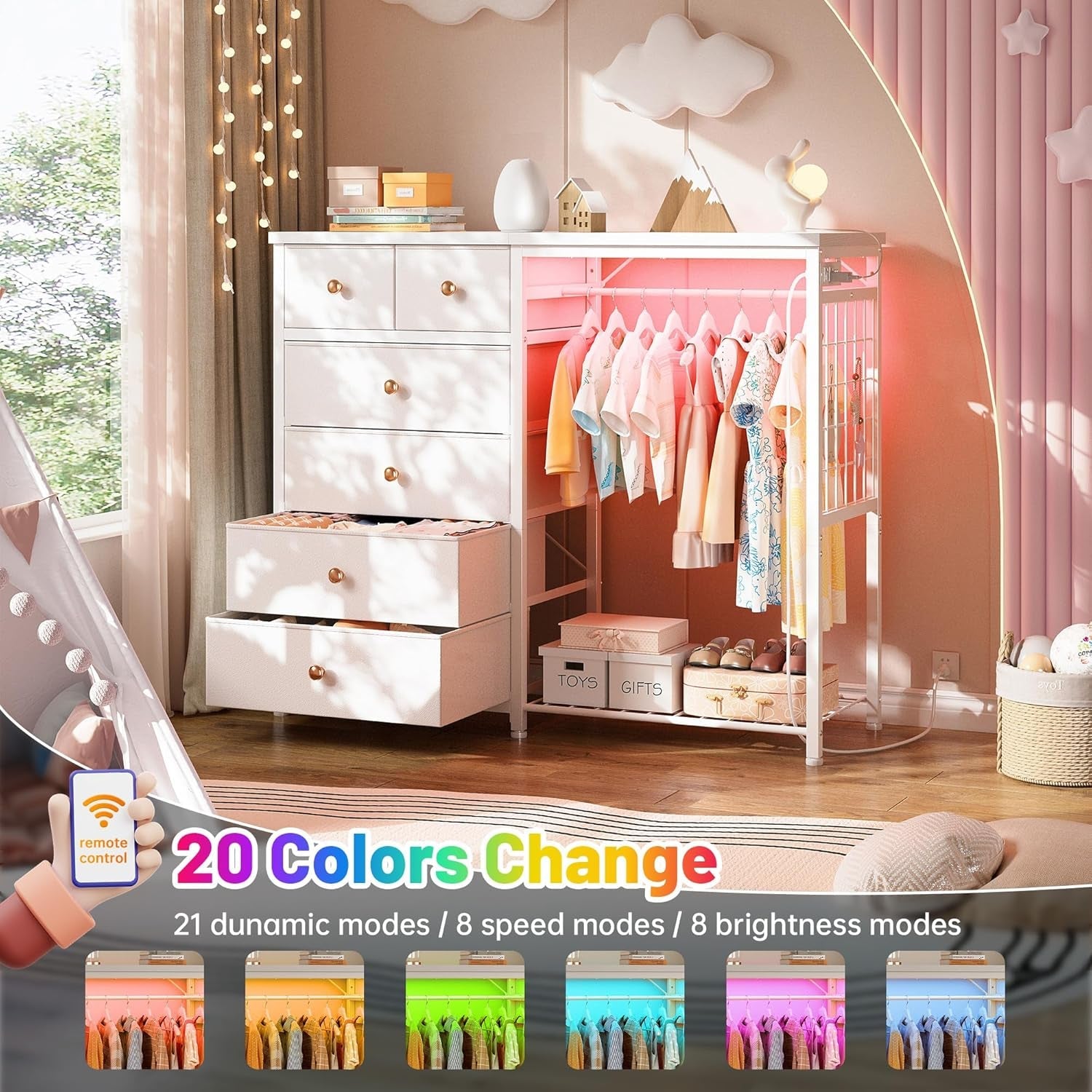 49.2" W White Dresser for Bedroom with Hanging Rack,6 Drawer Dresser with LED Lights & Charging Station, Fabric Dressers & Chest of Drawer with Clothes Rack, Wooden Top, Grid Panel, Closet-3