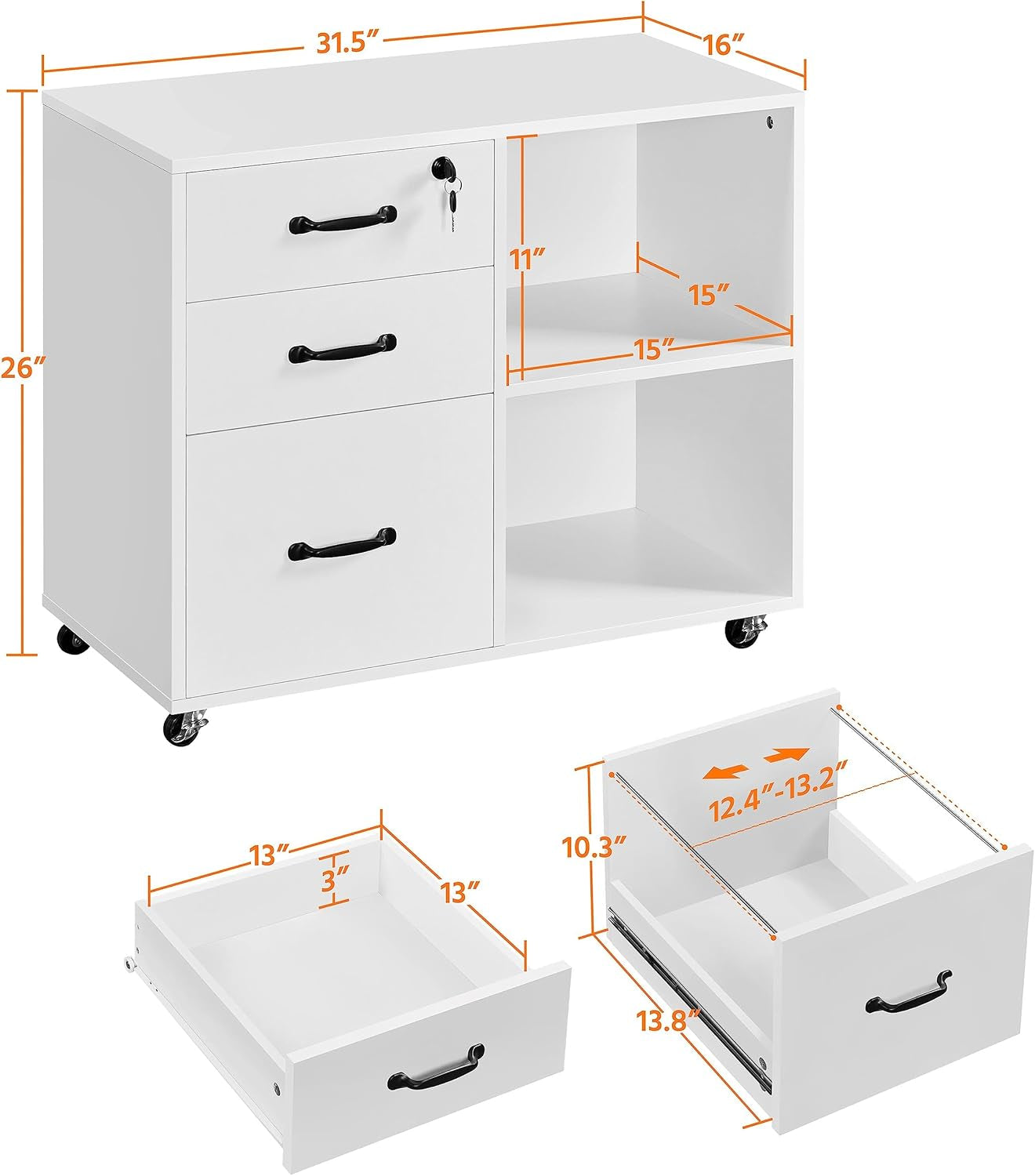 3-Drawer File Cabinet, Mobile Lateral Filing Cabinet Printer Stand with Open Storage Shelves under Desk Organization for Home Office, White-2