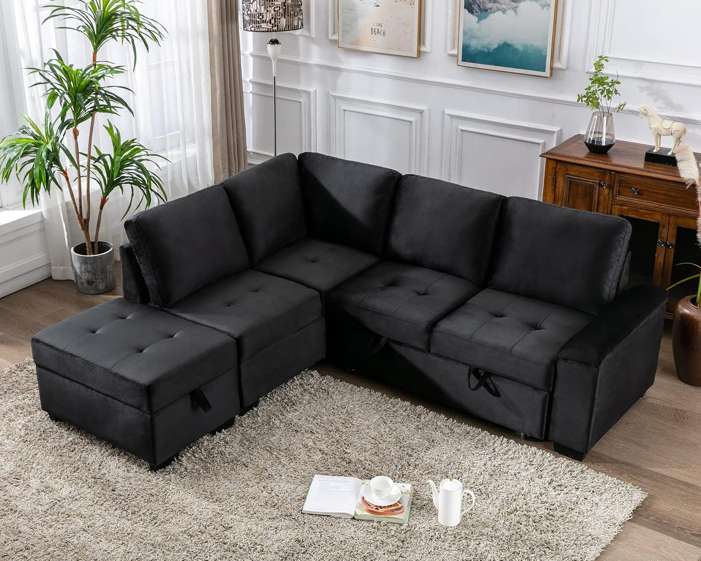 87.5" L-Shape Sleeper Sectional Sofa Bed with Storage Ottoman & Hidden Arm Storage, Sectional Corner Couch Sofa-Bed for Living Room Apartment-4