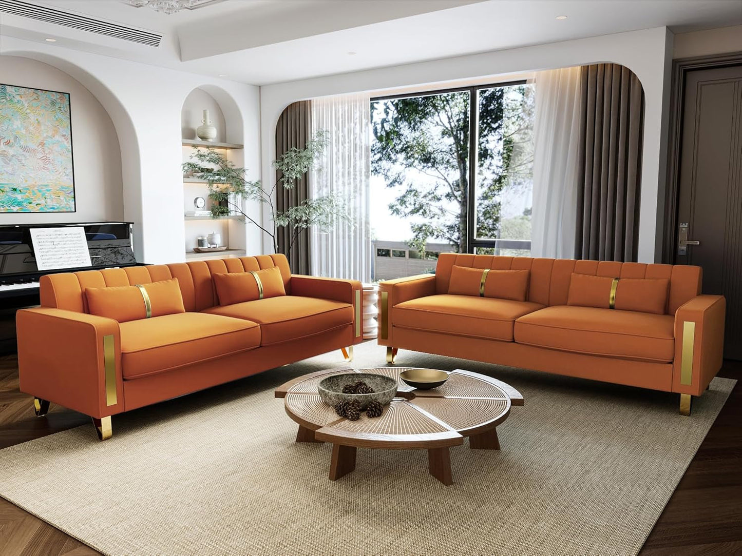 2-Piece Loveseat Couch Set for Living Room, 86" Orange Velvet Sofa Couch with 4 Pillows & Gold Metal Legs, Modern Upholstered Sofa Set Love Seat Sectional Couches for Apartment Home Office-0