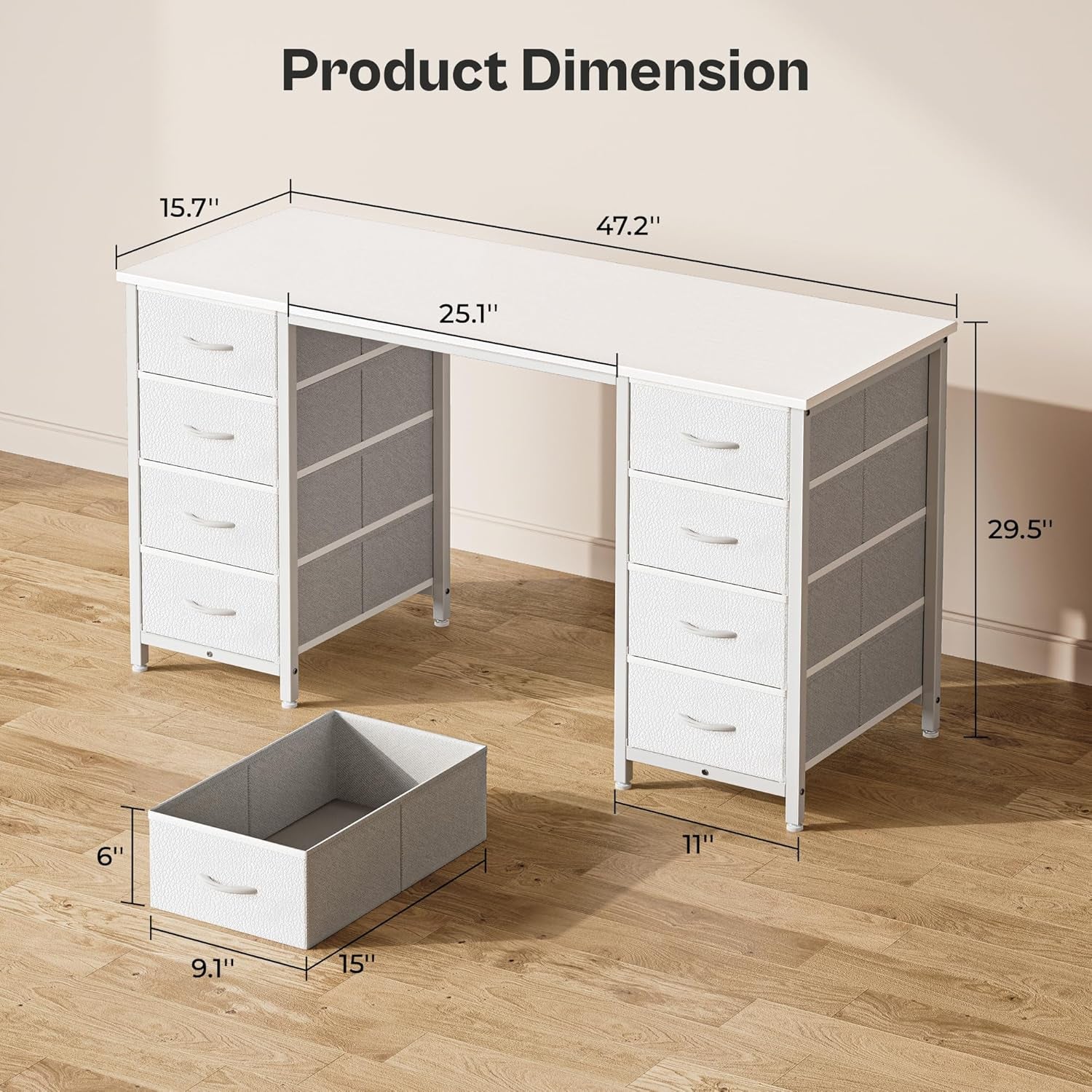 47 Inch Vanity Desk with 8 Drawers, White Desk, Makeup Desk with Large Storage, Fabric Drawers, Wooden Desktop, Computer Desk Work Desk, for Home Office, Bedroom-2