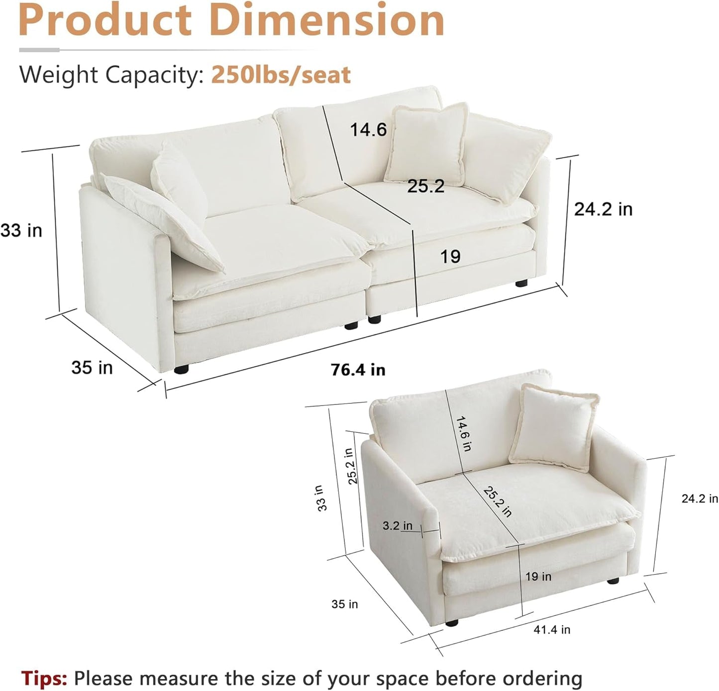 Luxury 2 Piece Loveseat Couch & Sofa Armchair Set, Modern Upholstered Chenille Cloud Couches Set Furniture with 5 Pillow for Living Room Bedroom Office Apartment, Beige-1