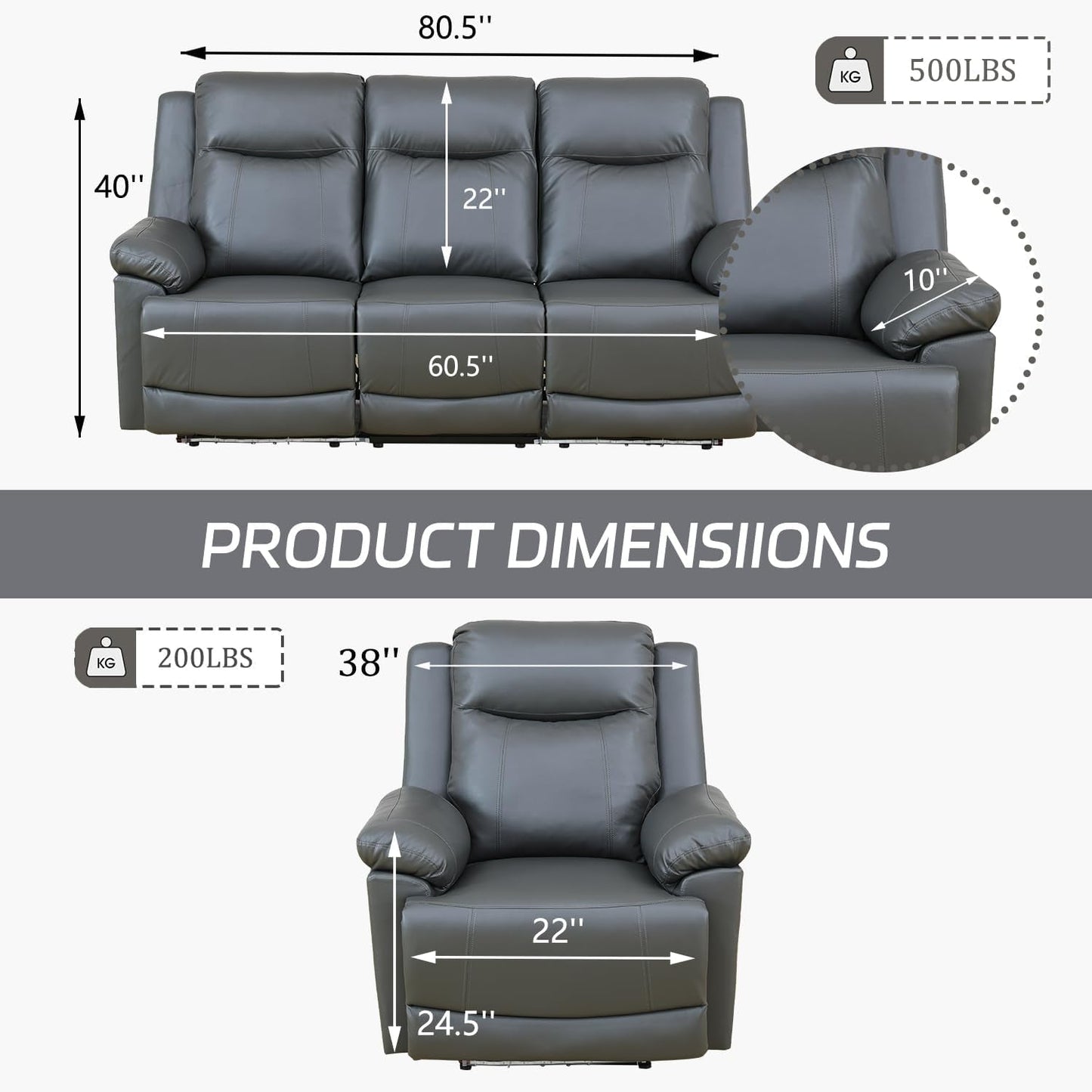 Leather Power Recliner Sofa Set with LED, Power Reclining Living Room Set, Leather Sofa Couch Set with USB Port/Cup Holder/Storage (Leather Sofa and Chair Set, Dark Grey)-1
