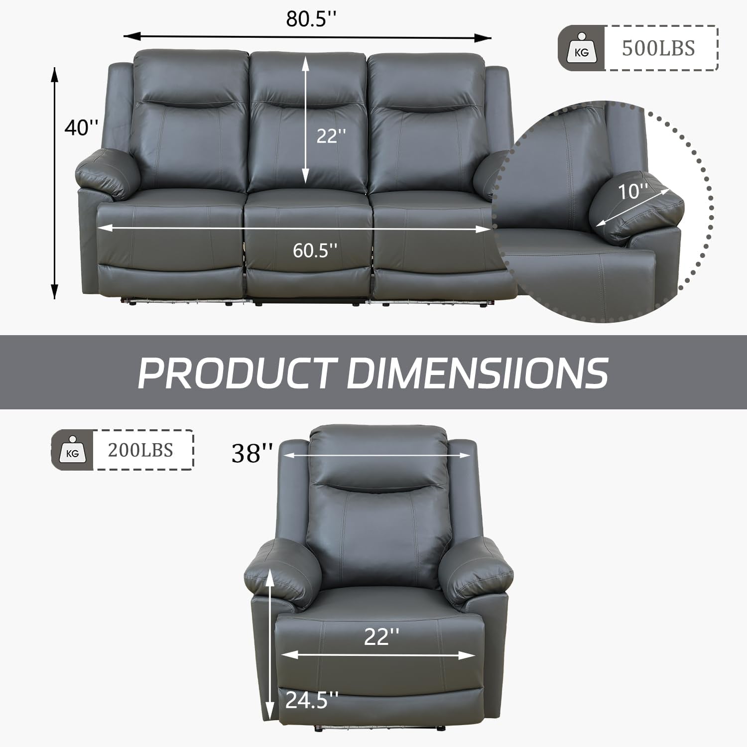 Leather Power Recliner Sofa Set with LED, Power Reclining Living Room Set, Leather Sofa Couch Set with USB Port/Cup Holder/Storage (Leather Sofa and Chair Set, Dark Grey)-1