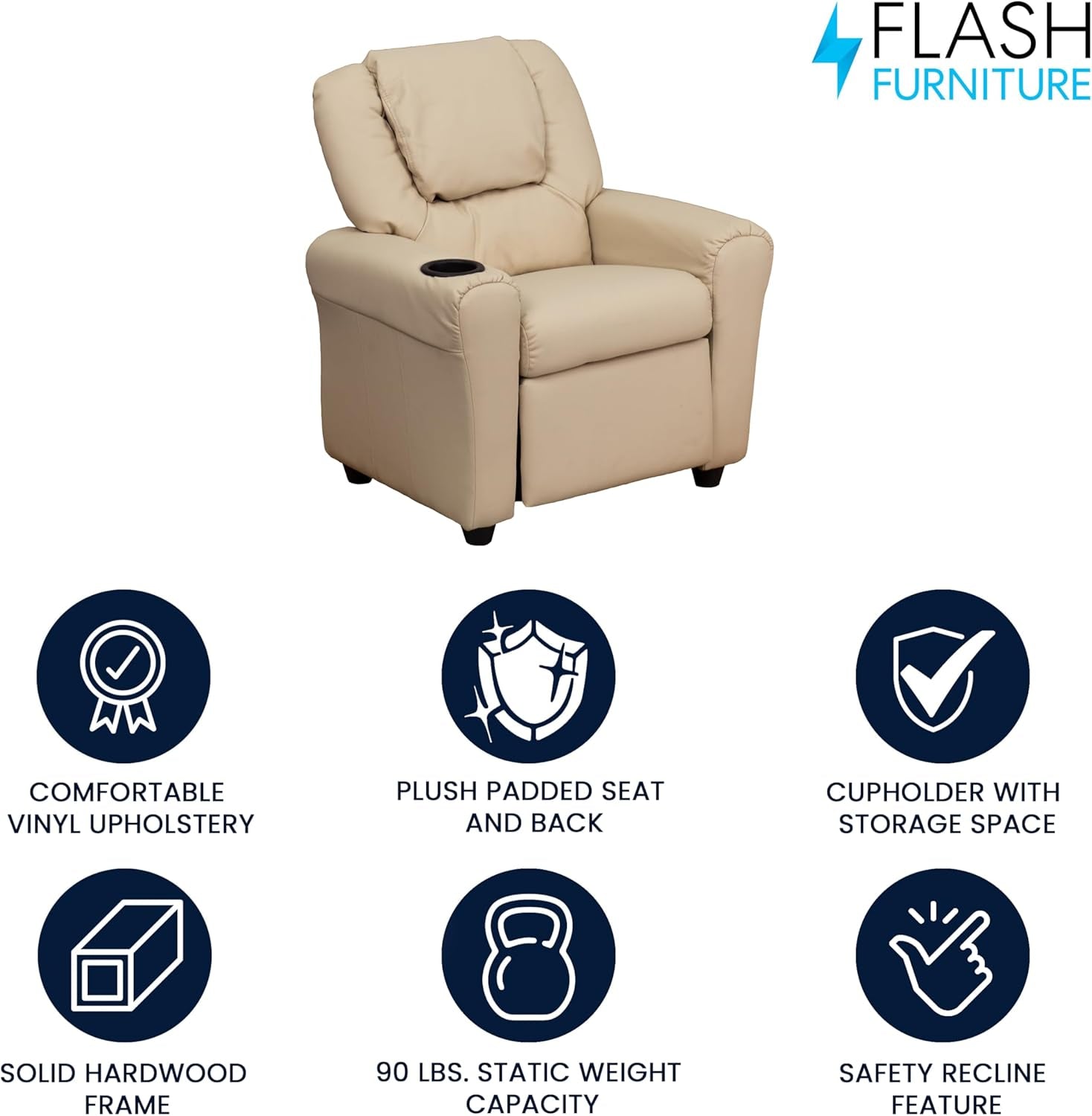Vana Vinyl Kids Recliner with Cup Holder, Headrest, and Safety Recline, Contemporary Reclining Chair for Kids, Supports up to 90 Lbs., Beige-3