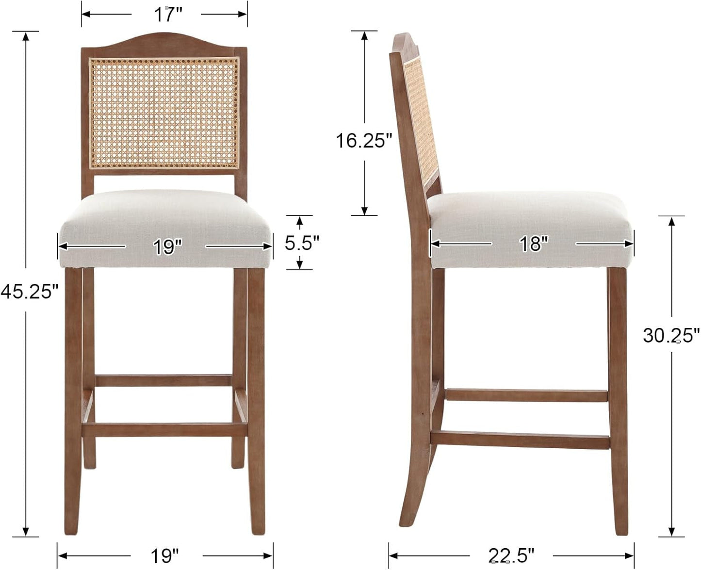 Counter Height Bar Stools Set of 2 Farmhouse Barstools with Rattan Back Linen Upholstered Bar Chairs Mid Century Wood Breakfast Bar Stool Chairs for Kitchen Island, 30 Inch Beige-1