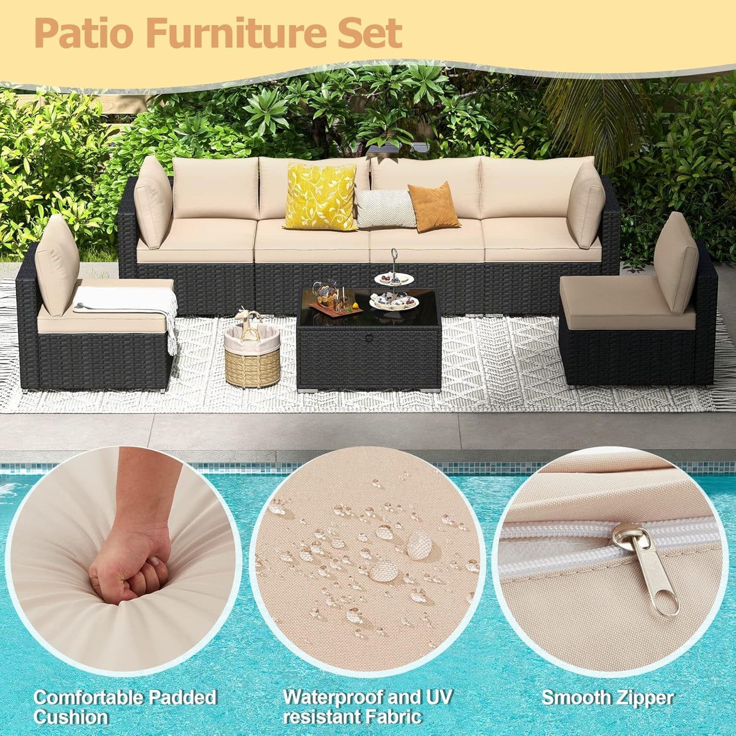7 Piece Outdoor Patio Furniture, Hand Woven PE Rattan Patio Conversation Sets, Outdoor Sectional Set with Storage Table, Cushions and Pillows, Lift Sofa for Garden, Balcony, Lawn-2