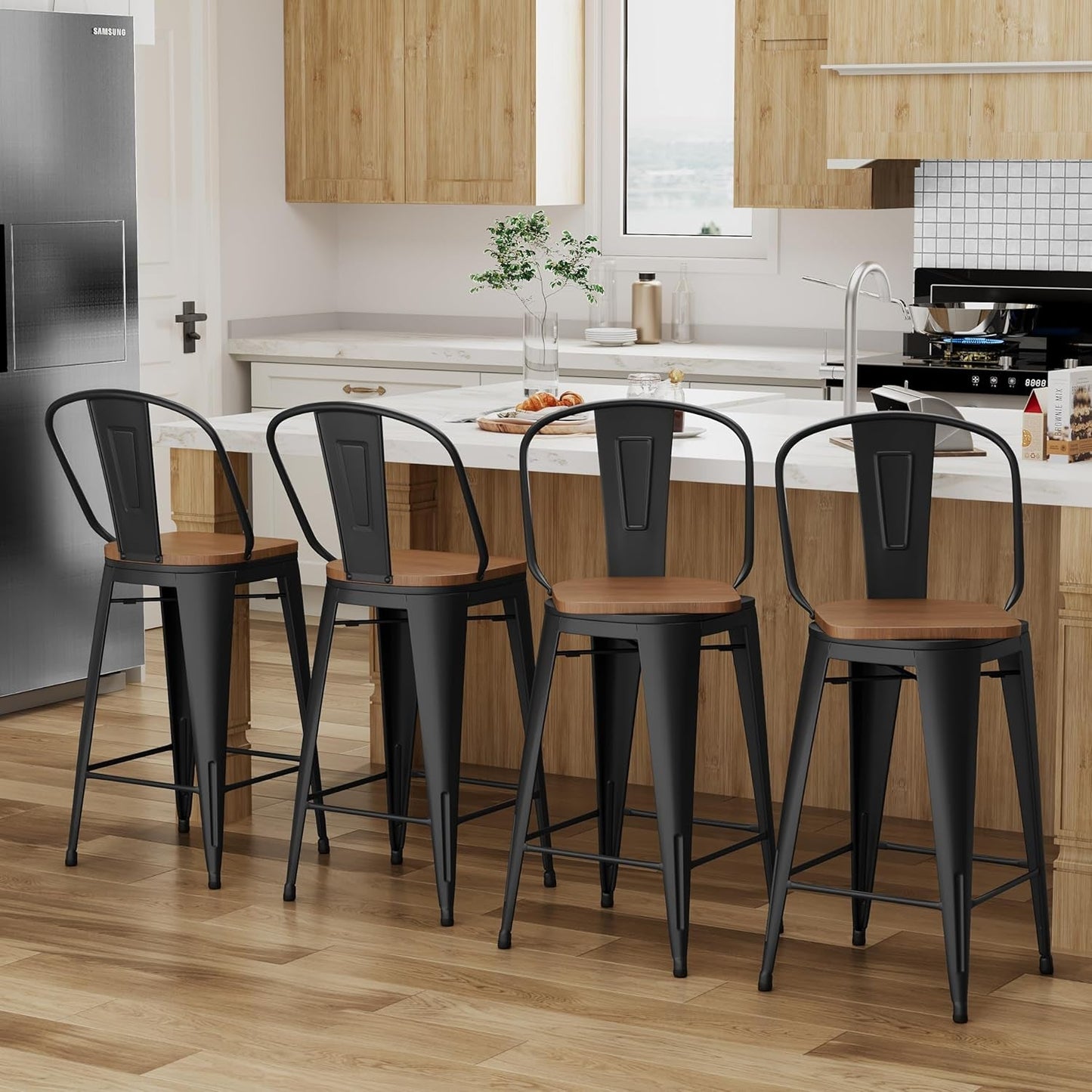26" Swivel Metal Bar Stools Set of 4 High Back Counter Height Barstools Industrial Dining Bar Chairs with Large Wooden Seat-Matte Black-2