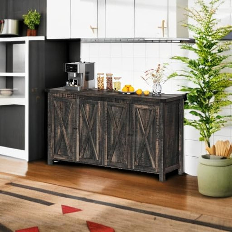 Farmhouse Sideboard Buffet Cabinet with Storage with 4 Doors, 55'' Large Kitchen Storage Cabinet, Wood Coffee Bar Cabinet with Adjustable Shelf for Kitchen, Living Room, Dark Oak-4