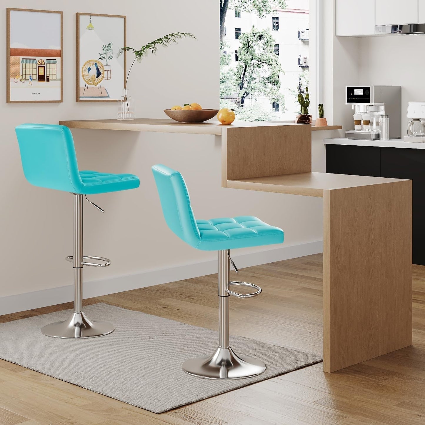 Bar Stools Modern Pu Leather Swivel Adjustable Hydraulic Bar Stool Square Counter Height Stool Set of 2 (Blue)-1