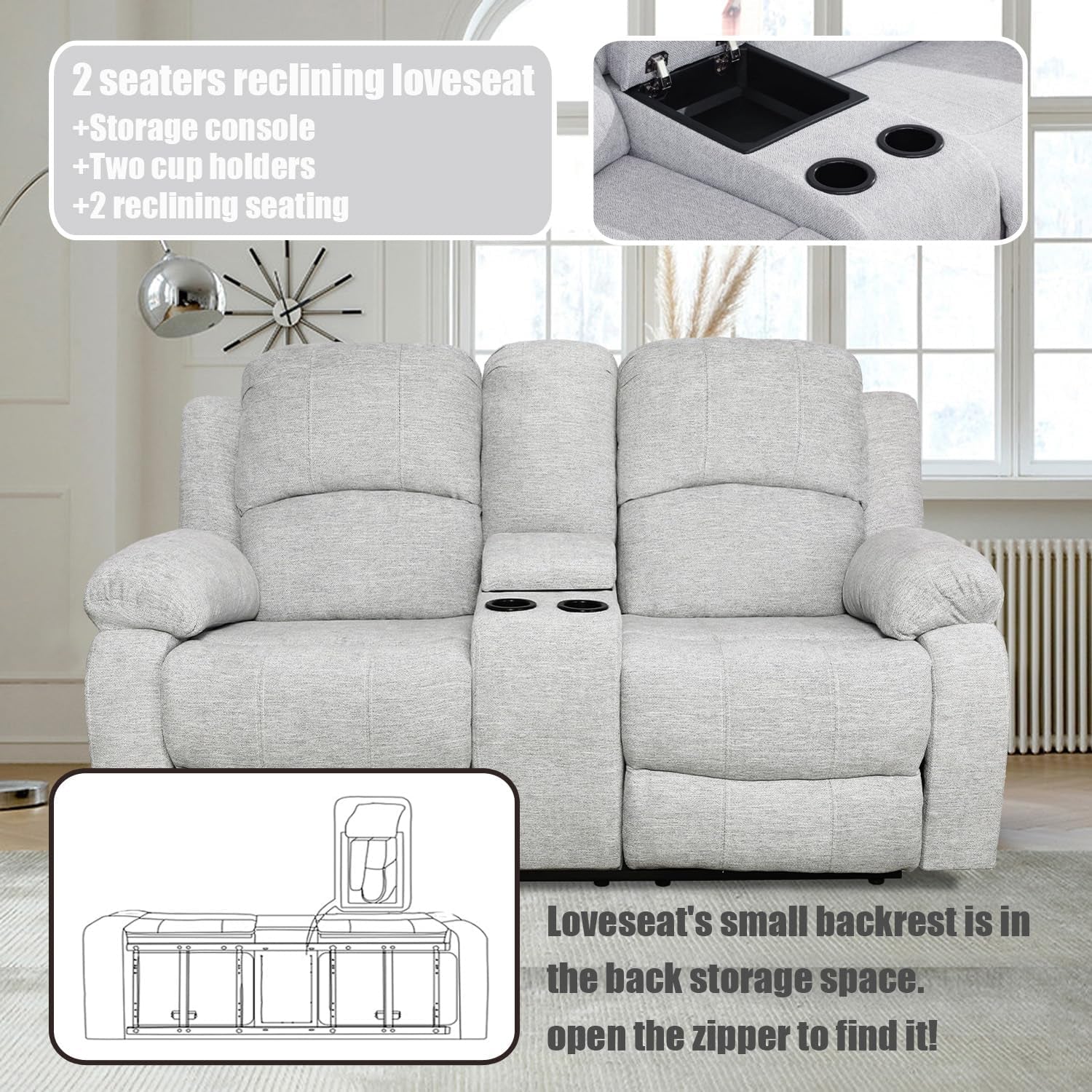Recliner Sofa Set for Living Room Furniture Set, Reclining Sofa and Loveseat Set for Reclinier Sofa with Drop down Table/Double Recliner Loveseat with Storage Console/Grey Linen-3