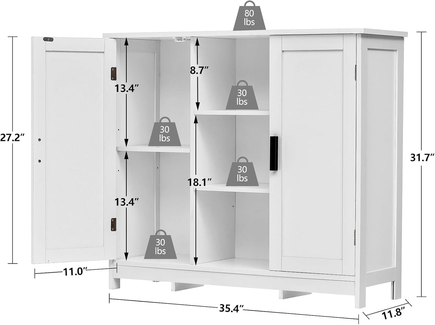 Storage Cabinet with 2 Doors and 4 Storage Shelves, Credenza Buffet Cabinet, Bathroom Cabinet for Living Room, Entryway, Home Office, White-2