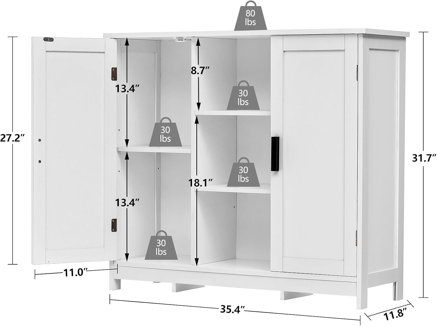 Storage Cabinet with 2 Doors and 4 Storage Shelves, Credenza Buffet Cabinet, Bathroom Cabinet for Living Room, Entryway, Home Office, White-2