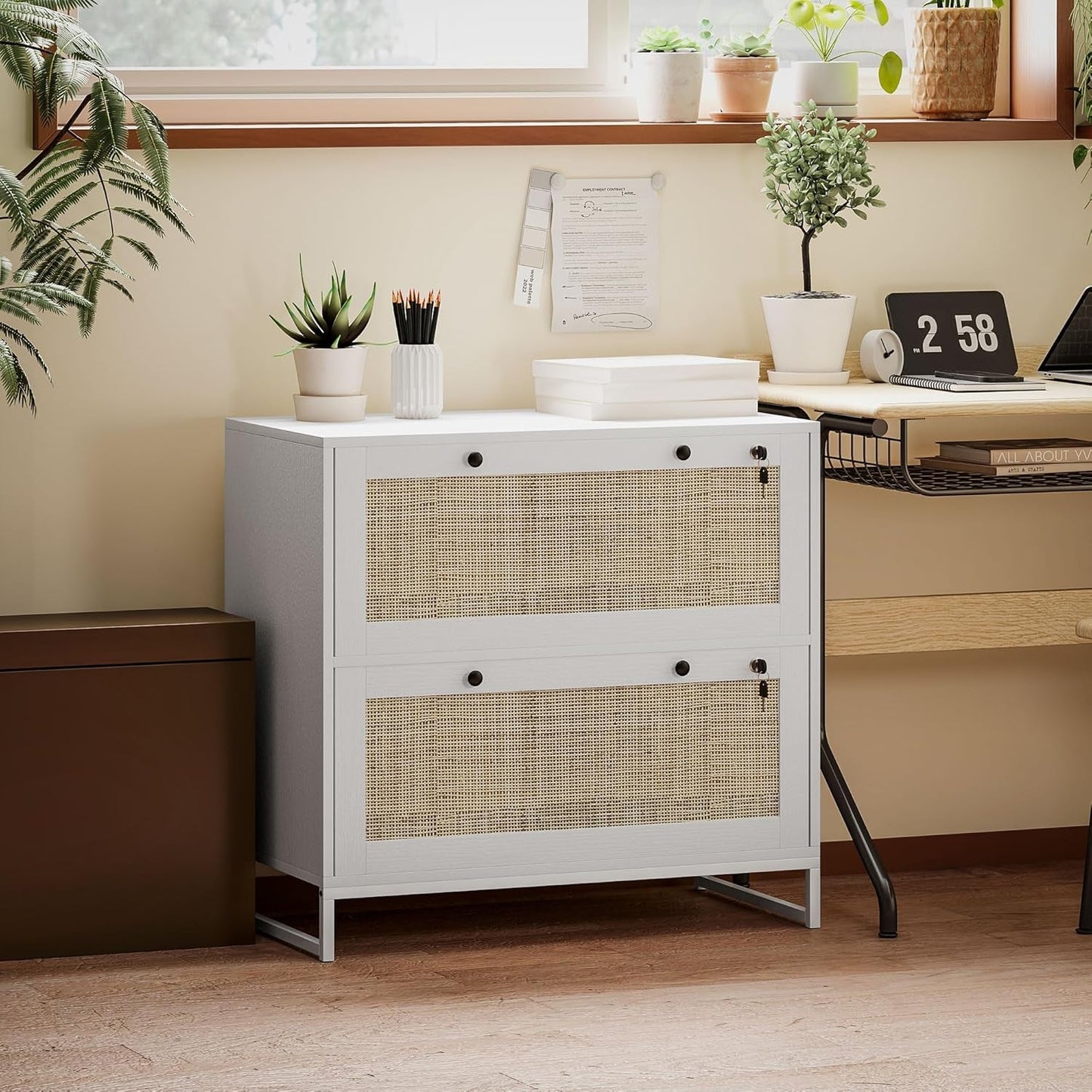 White Rattan 2 Drawer Locking File Cabinet-0