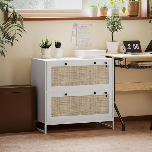 White Rattan 2 Drawer Locking File Cabinet-0