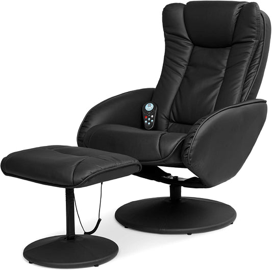 Faux Leather Electric Massage Recliner W/Stool Footrest Ottoman, Remote Control, 5 Heat & Massage Modes, Side Pockets - Black-0
