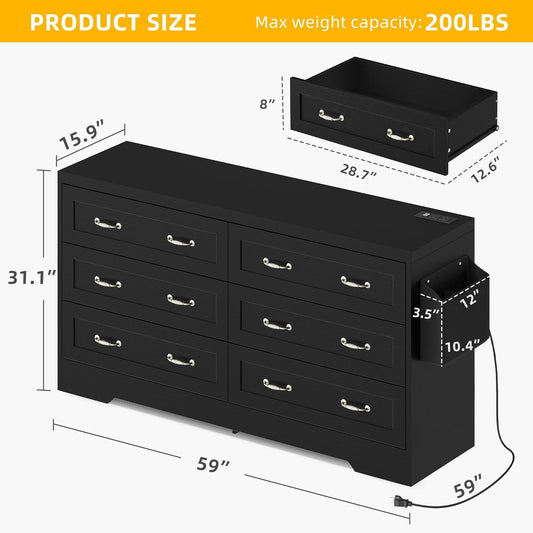 Drawers TV Stand for 65 Inches with Power Outlets -Chest of Drawers Dresser with Side Organizer Bag Entertainment Center TV Console, Black-1