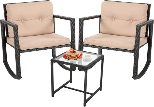 Wicker Patio Furniture Outdoor Bistro Set, Rocking Chair, 3 Piece, Rattan Conversation Set for Backyard Porch Poolside Lawn with Coffee Table,Black-0