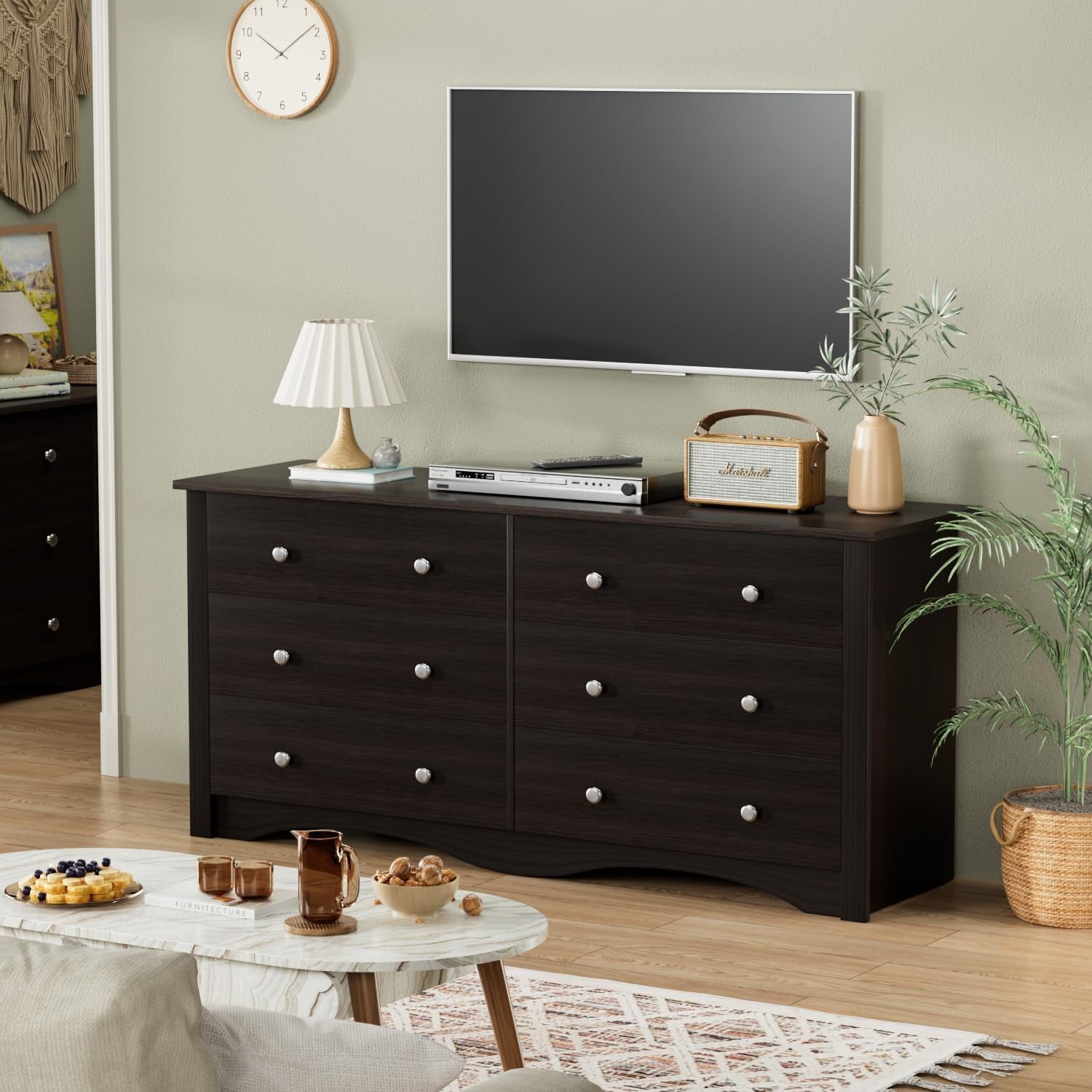 Dresser with 6 Drawer, Wood Wide Chest Storage Organizer and TV Stand for Living Room, Hallway, Dormitory, Brown-3