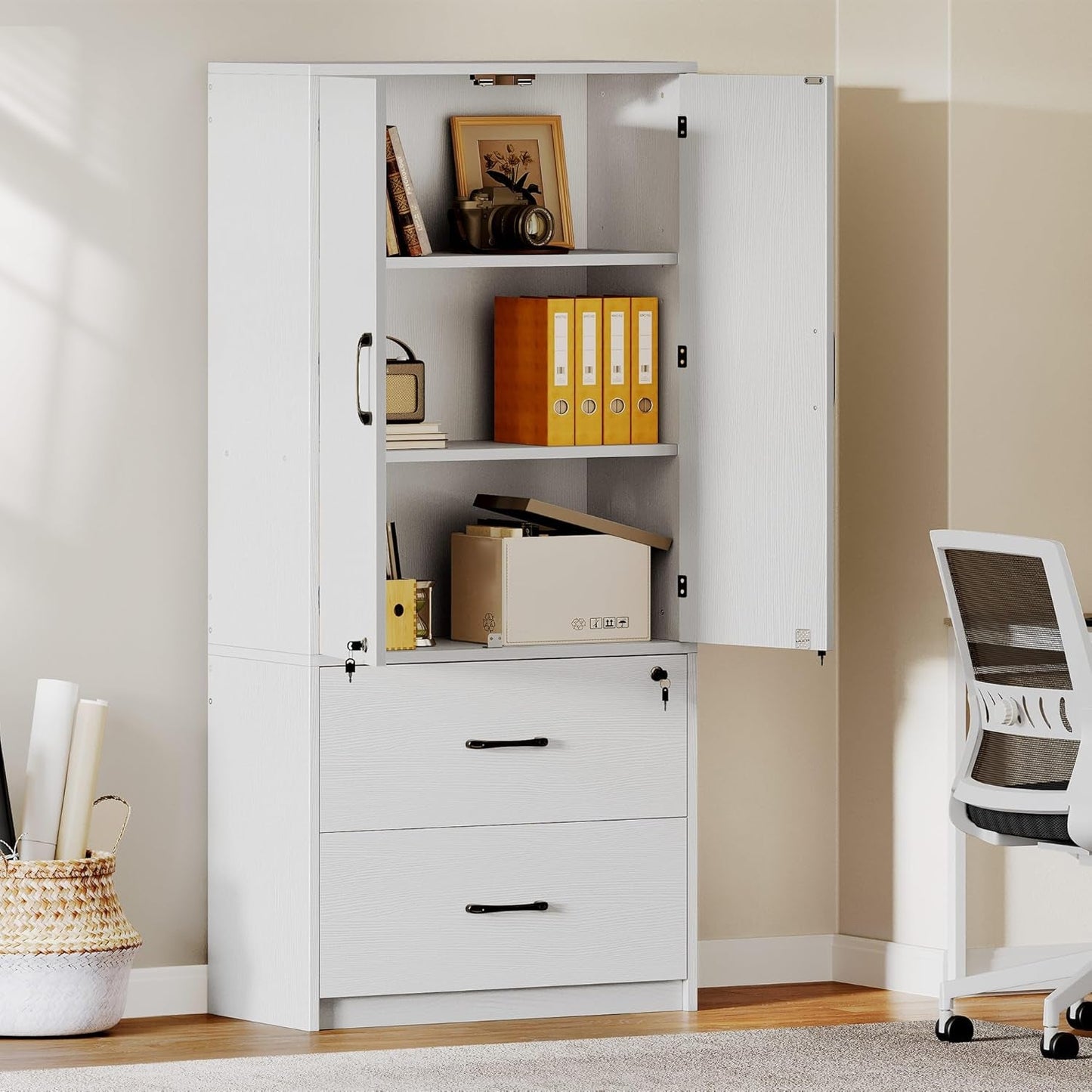 Wood File Cabinets, Heavy Duty Garage Tool Cabinets with Doors & Adjustable Shelves, Big Storage Filing Lockers for Home Office, Living Room, Pantry, Gym, Basement, Warehouse, White-1