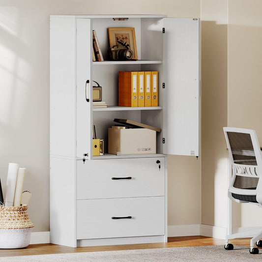 Wood File Cabinets, Heavy Duty Garage Tool Cabinets with Doors & Adjustable Shelves, Big Storage Filing Lockers for Home Office, Living Room, Pantry, Gym, Basement, Warehouse, White-1