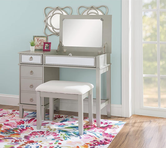 Silver and Mirror Accented Vanity Set-0