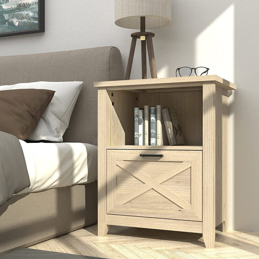Beige Wood Nightstand with Storage Drawer and Cubby-1