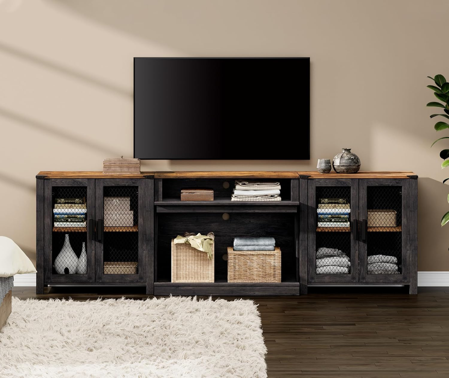 2 in 1 TV Stand Set for 100 Inch TV, Farmhouse Entertainment Center with 4 Mesh Door and Open Storage Shelves, Wood Media TV Console Table for Dining and Bedroom，Dark Walnut and Black-0