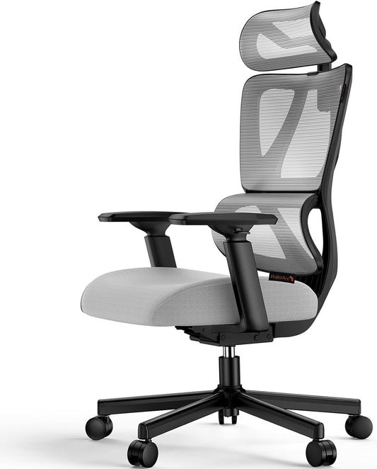 Ergonomic Office Chair with 30% Thicker Saddle Shaped Spring Cushion, Adaptive Lumbar Support, Big and Tall Mesh Chair with Headrest for Home Office, Desk Chair with Wheels EC100 (Grey)-0