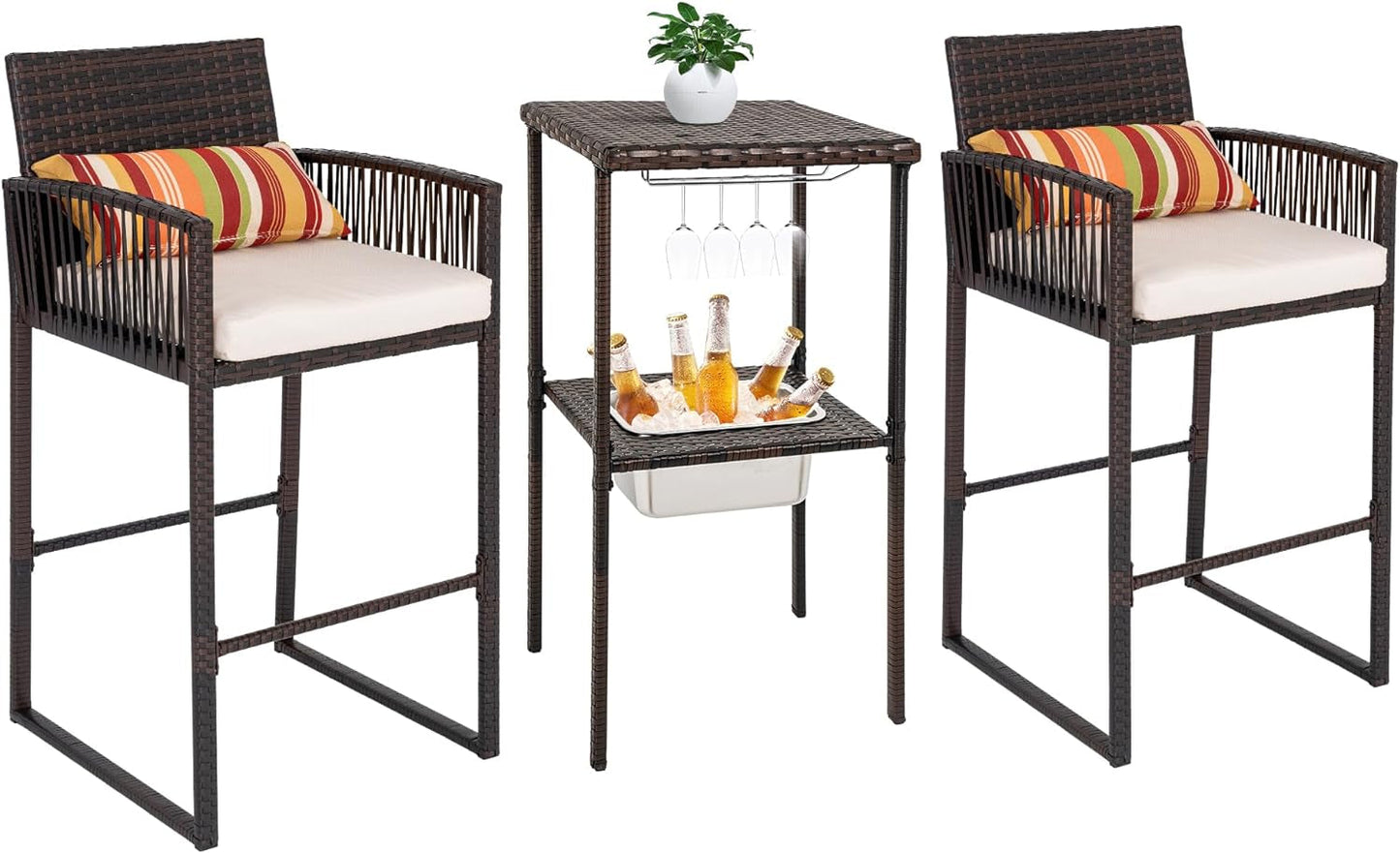 3 Pieces Wicker Bar Furniture Set for 2, Patio Stools and Bar Set with Glass Holder & Ice Bucket, Counter and 2 Pub Stools, High Top Bistro Dining Set, Brown Rattan and Beige Cushions-0