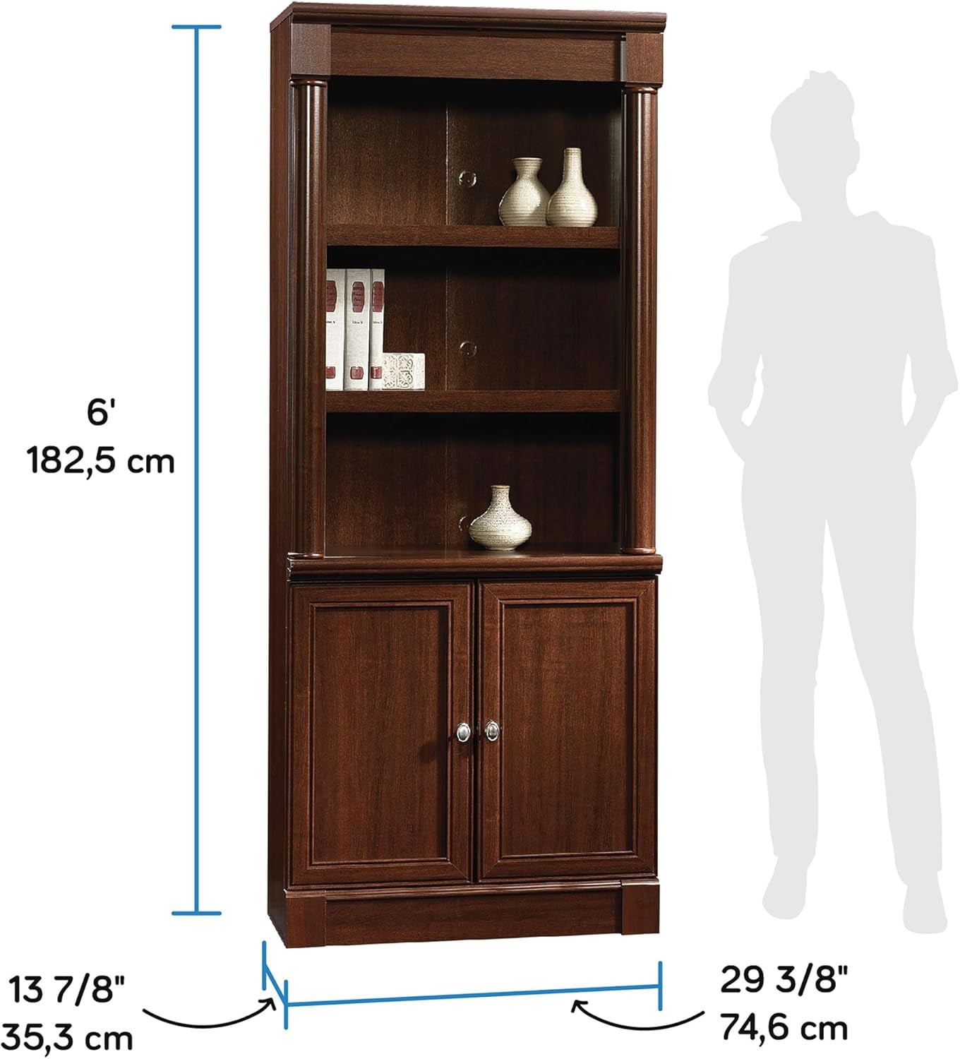 Palladia Book Shelf, Bookshelf with Storage, Library Bookcase with Doors and Adjustable Shelves, L: 29.37" X W: 13.90" X H: 71.85", Select Cherry-2