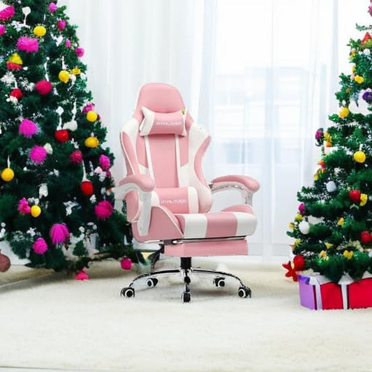 Gaming Chair, Computer Chair with Footrest and Lumbar Support, Height Adjustable Game Chair with 360°-Swivel Seat and Headrest and for Office or Gaming (Faux Leather, Pink)-1