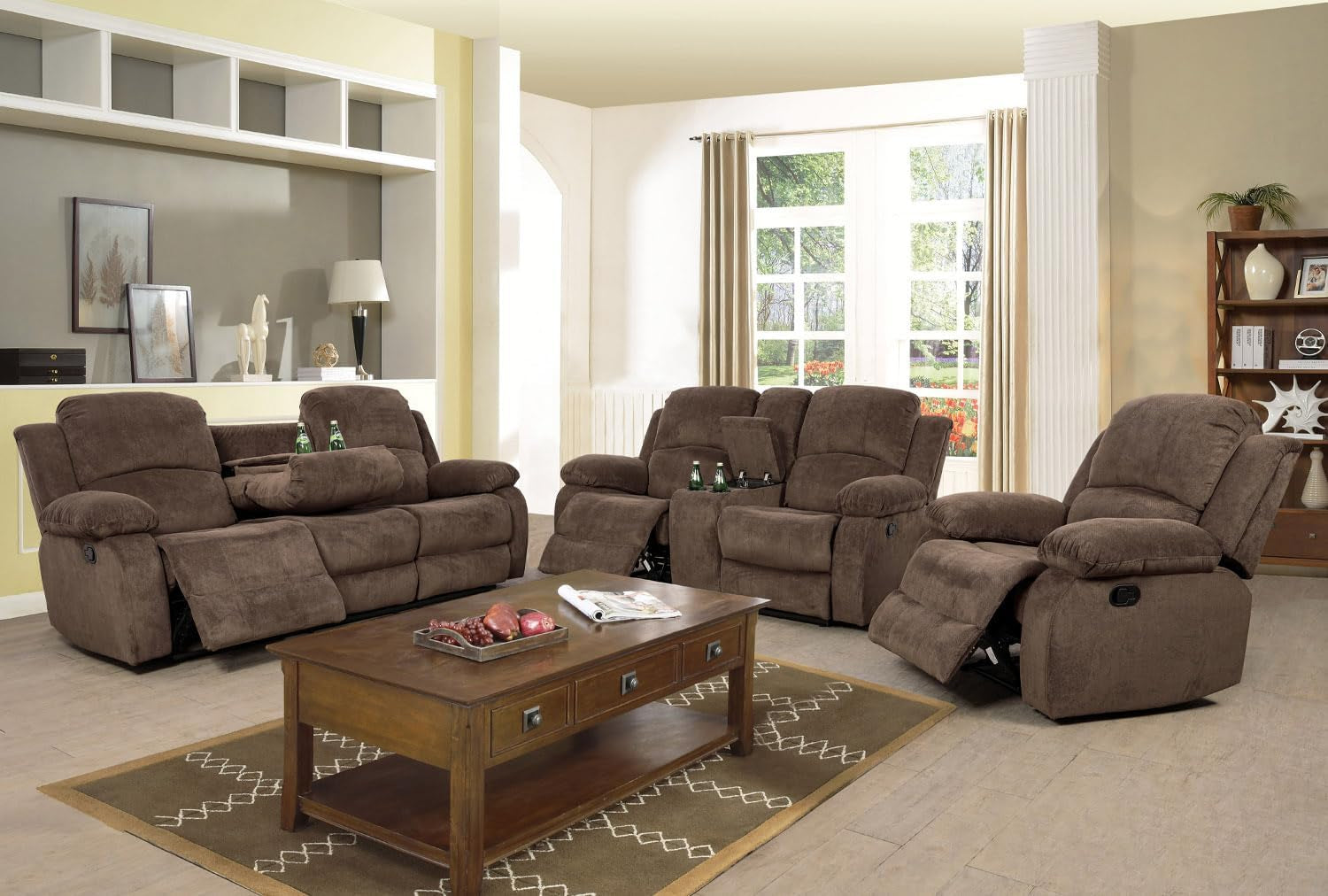 Manual Recliner Sofa Set,Microfiber Reclining Couch Set,Modern Living Room Furniture Set,Reclining Sofa Couch Chair for Living Room Home Office(Brown,3 Pieces Set)-0